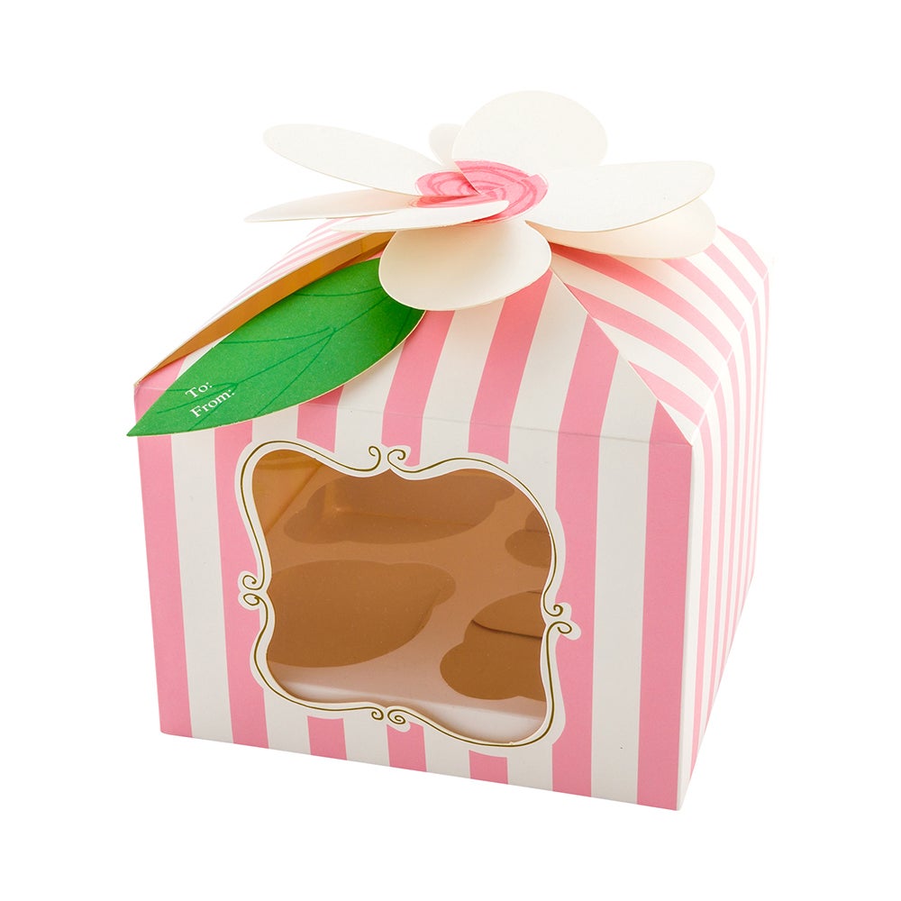 Boxes, Cupcake, 7 x 7 x 5 Inch, Paper, Pink & White Striped, Square, with Flower Top Closure,1 - 100 COUNT