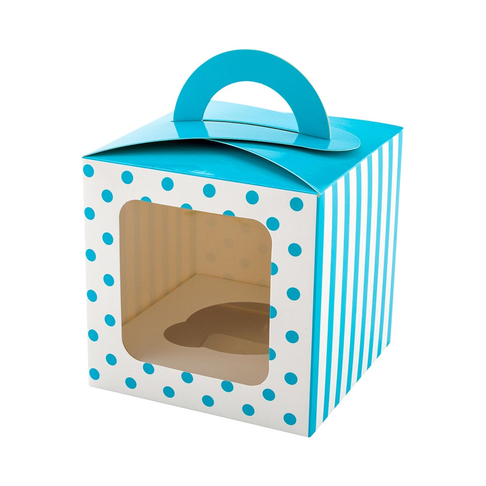 Boxes, Cupcake, 4.5 Inch, Paper, Teal Polka Dot, Square, with Transparent Window & Handle,1 - 100 COUNT