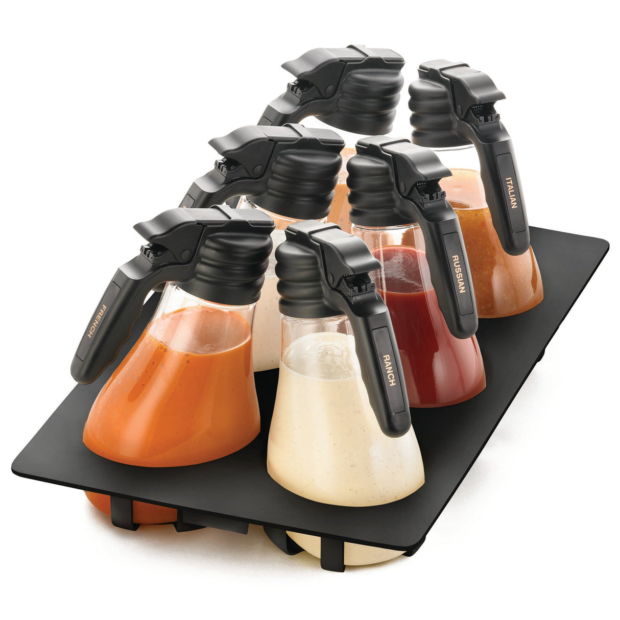 Dispenser Set, Salad Dressing, Clear with Black Collars, Plastic, with ID Tags, with Black Tray Insert,1 - 6 PIECE