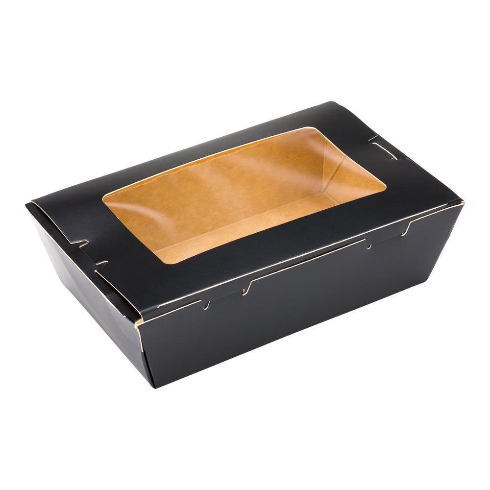 Boxes, Take-Out, 21 Ounce 6.25 x 4 x 1.75 Inch, Paper, Black, Rectangle, Hinge Lock, with Window,1 - 200 COUNT