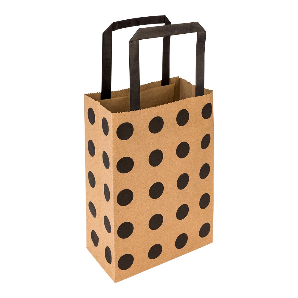 Bags, Shopping, 10 x 6.75 x 12 Inch, Paper, Kraft, with Black Polka Dots, with Handles,1 - 100 COUNT