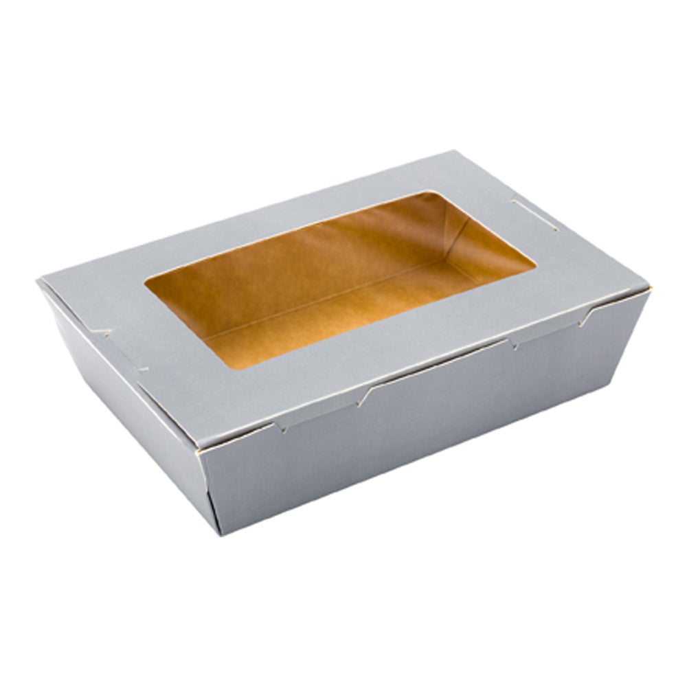 Boxes, Take-Out, 42 Ounce 8 x 5.5 x 2 Inch, Paper, Gray, Rectangle, Hinge Lock, with Window,1 - 200 COUNT