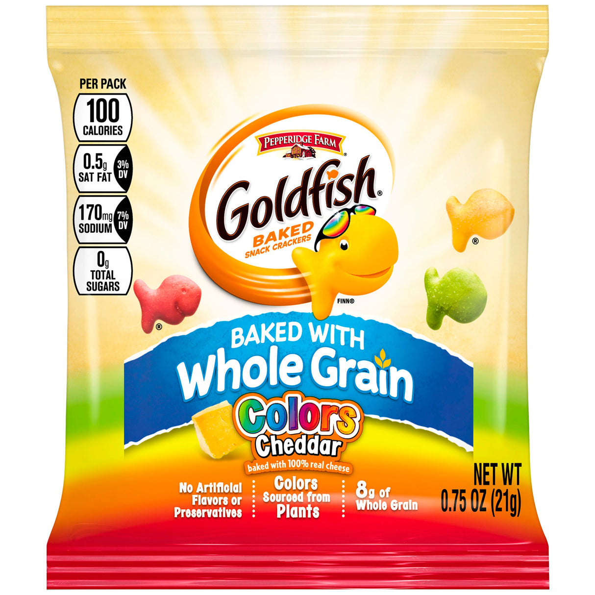 Crackers, Goldfish, Cheddar, Rainbow Color, Whole Grain, Single-Serve,300 - 0.75 OUNCE