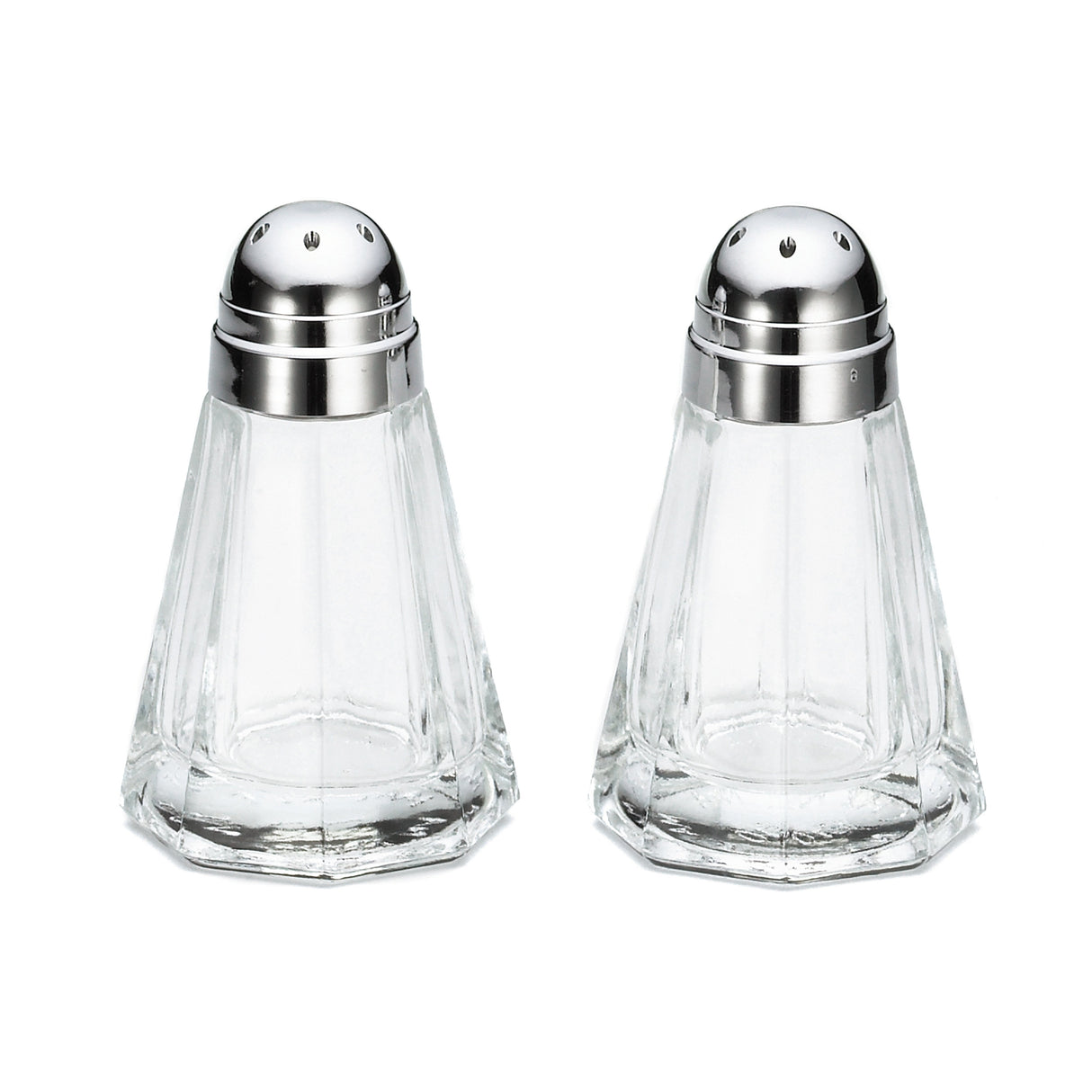 Shakers, Salt & Pepper, 0.5 Ounce, Paneled, Glass with Chrome Plated Plastic Tops, 0.5 Ounce,24 - 1 EACH