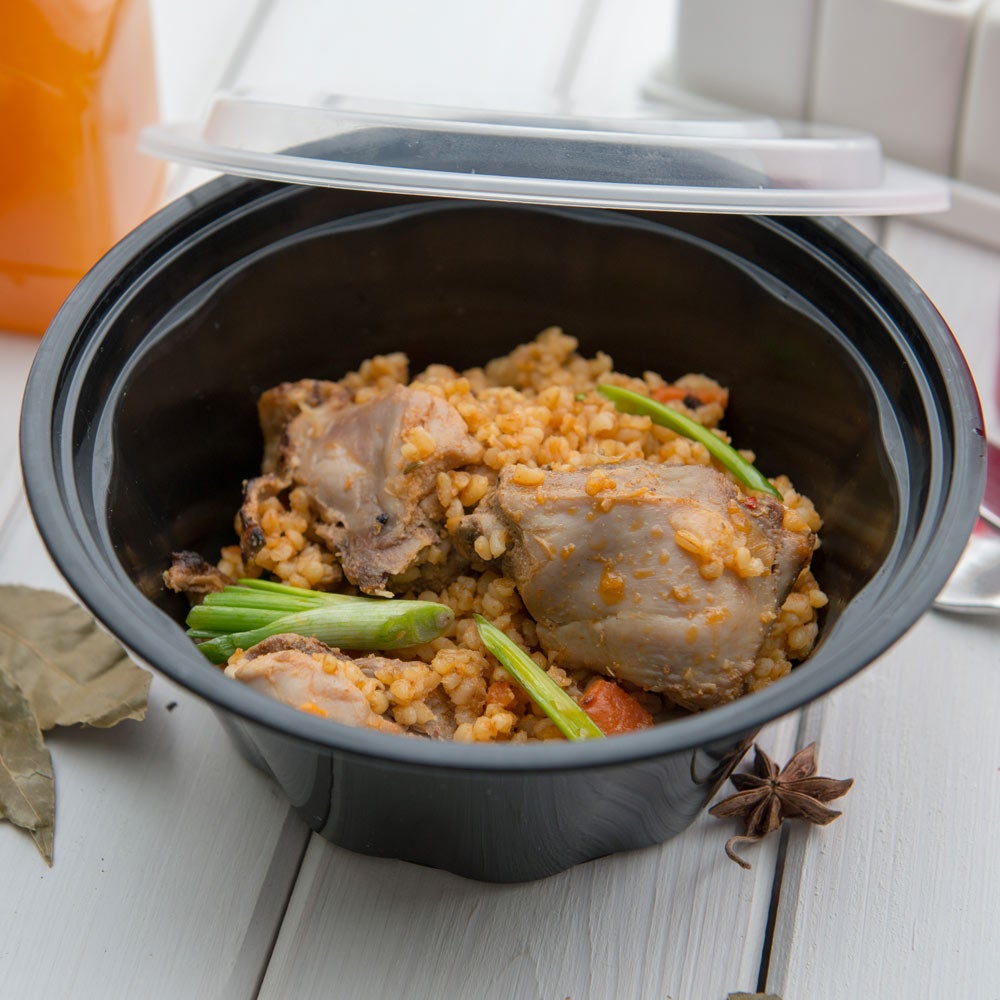 Containers, Food, 32 Ounce, Microwaveable Plastic, Black Asporto Design, Round, with Clear Lid,1 - 100 COUNT