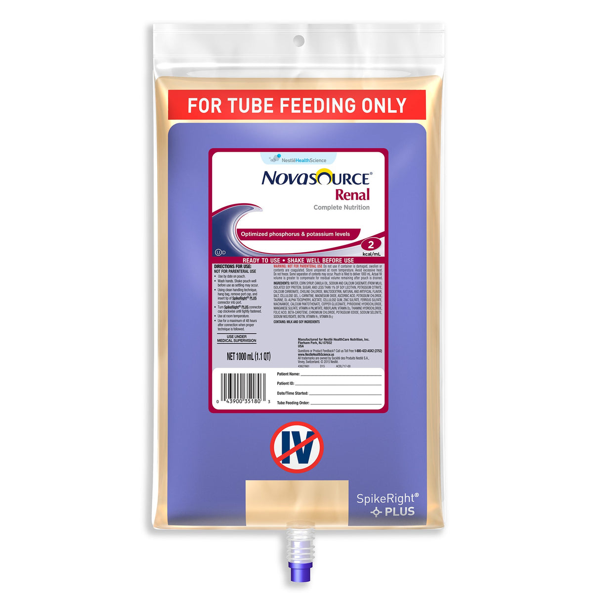 Nutritional Supplement Formula, SpikeRight, Novasource Renal, Liquid, for Feeding Tube, 33.8 Fluid Ounce,6 - 1 COUNT