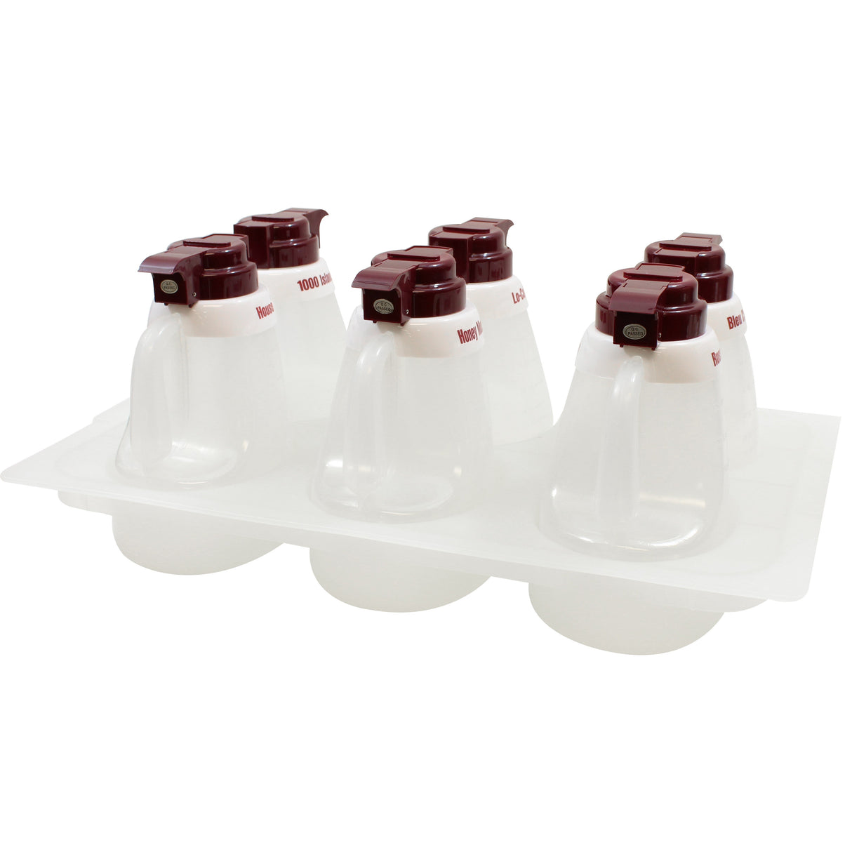 Dispenser Set, Salad Dressing, Clear with Maroon Collars, Polyethylene, with ID Tags, with Clear Tray Insert,1 - 6 PIECE