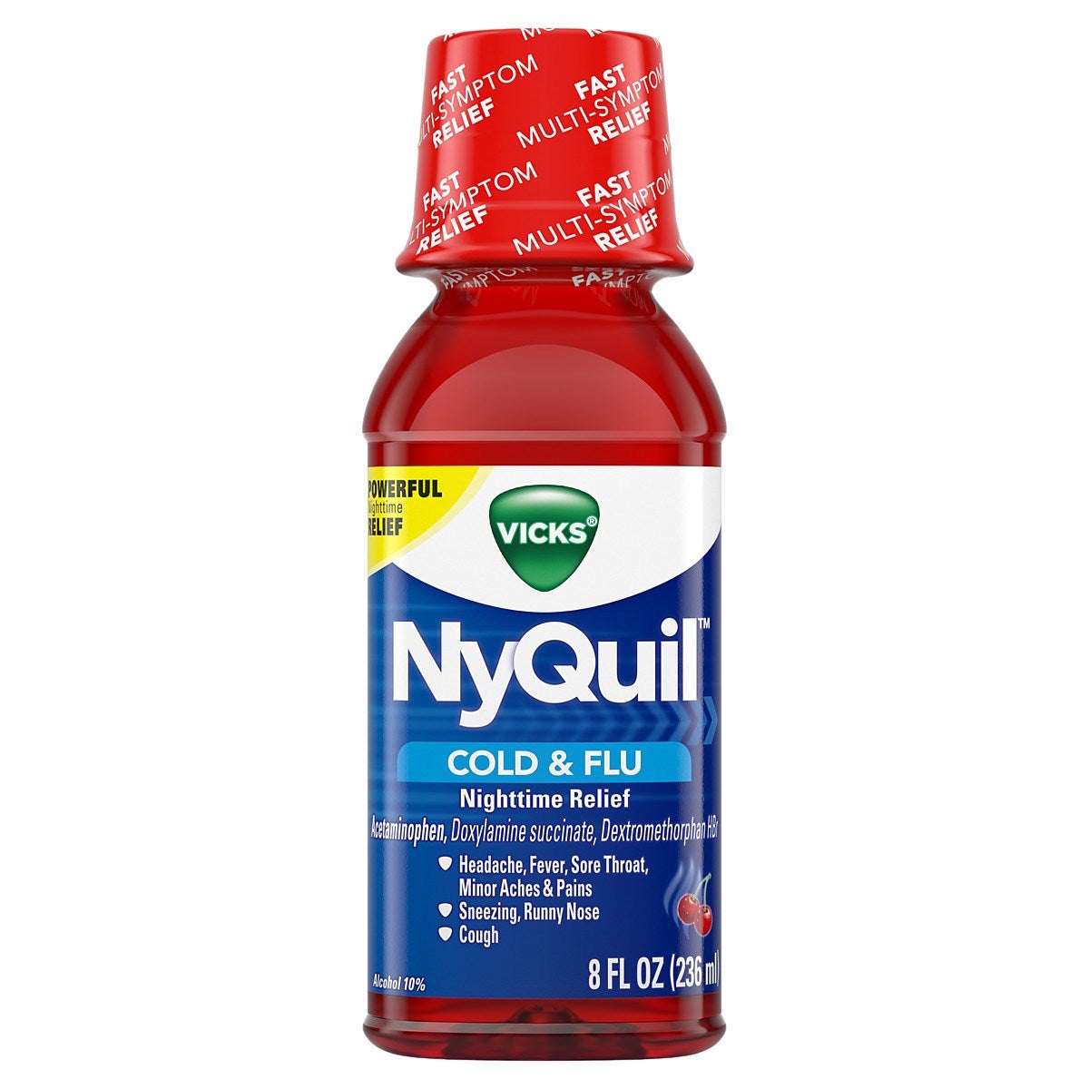 Medicine, Cold & Flu, Nighttime Relief, Liquid, Cherry-Flavored,12 - 8 FLUID