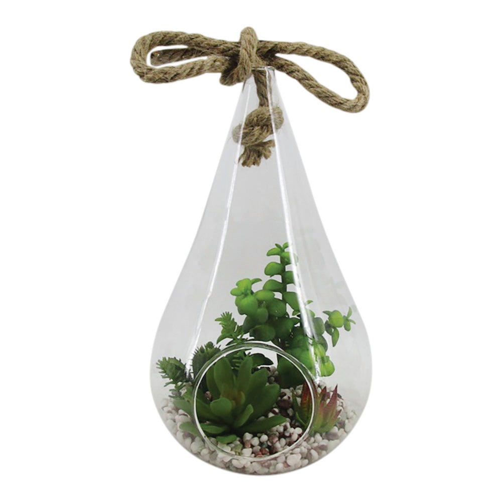 Table Art, Faux Succulent Arrangement, 7.75 x 7.75 x 12.5 Inch, Plastic, in Hanging Glass Terrarium, with Knotted Hemp Rope,1 - 1 EACH