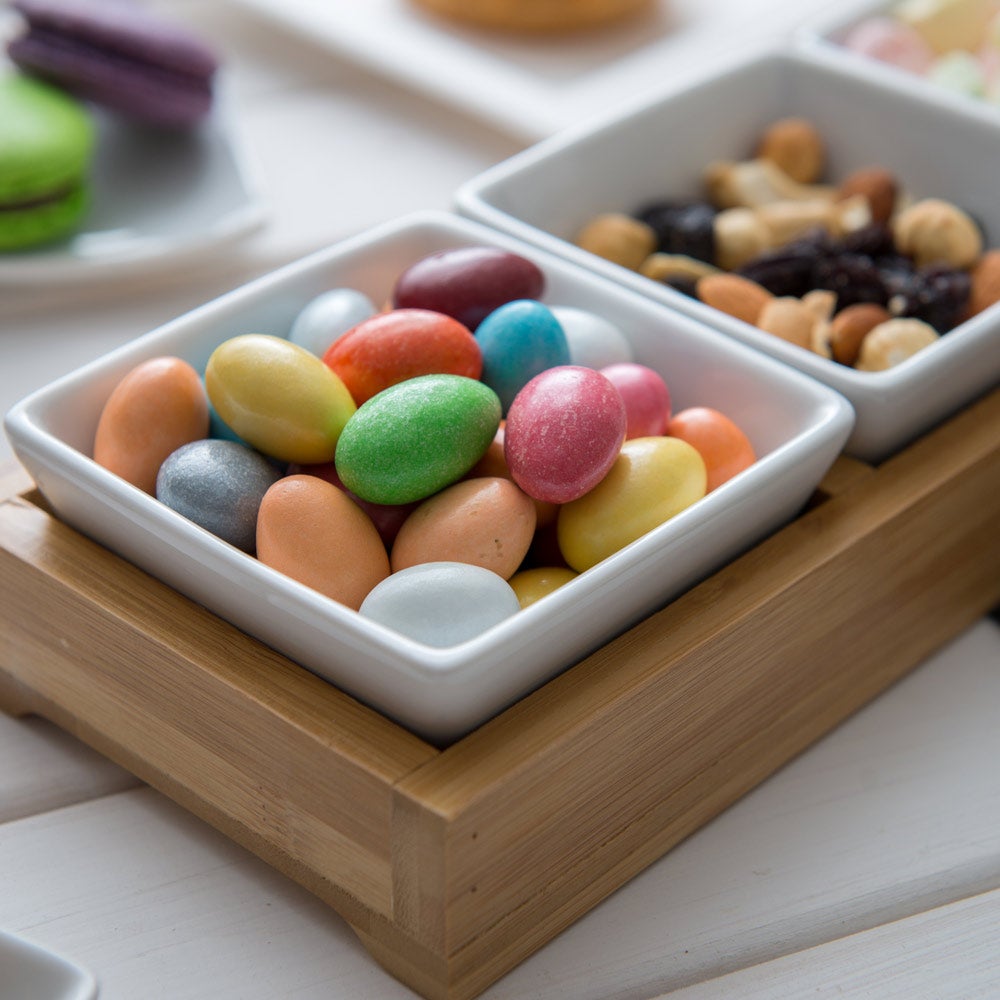 Bowl Set, Porcelain Triplet, Modern, Mini, White, with 12 x 4 Inch Bamboo Tray,1 - 1 EACH