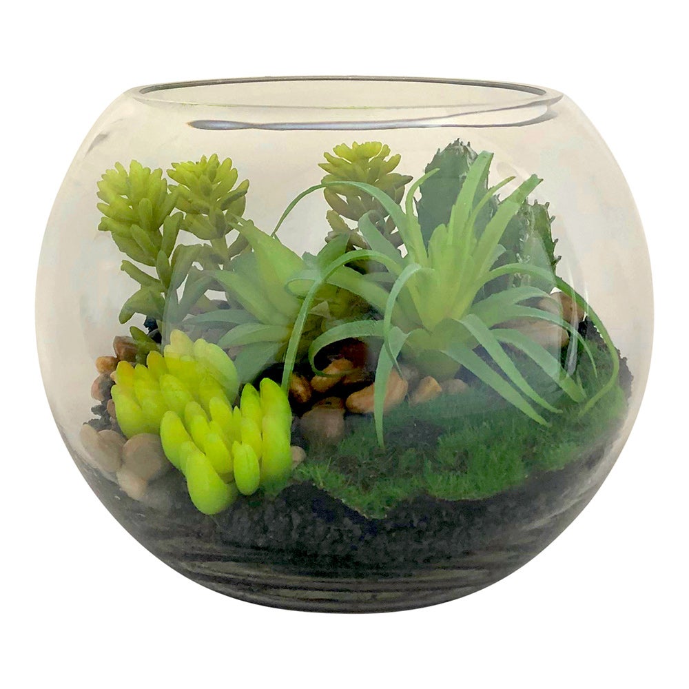 Table Art, Faux Succulent Arrangement, 7 x 7 x 5.5 Inch, Plastic, in Fishbowl Glass Terrarium,1 - 1 EACH