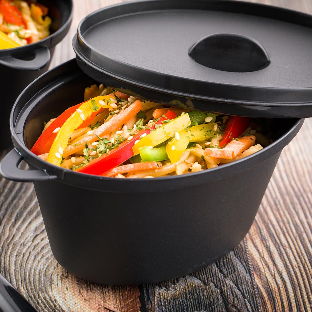 Dishes, Appetizer, 12 Ounce, Plastic, Black, Kettle-Shaped, Heavyweight, with Lids, 12 Ounce,1 - 100 COUNT