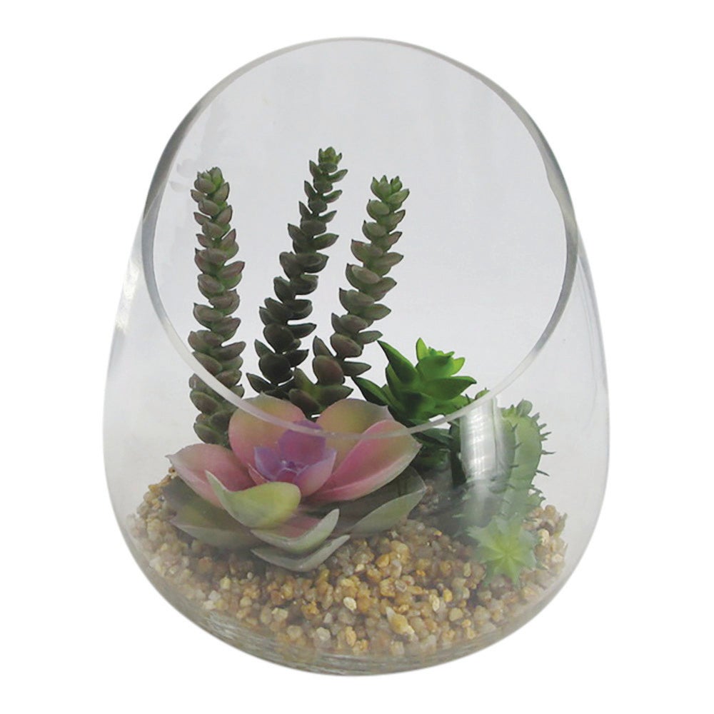Table Art, Faux Succulent Arrangement, 6 x 6 x 7 Inch, Plastic, in Incline Edge Glass Terrarium,1 - 1 EACH