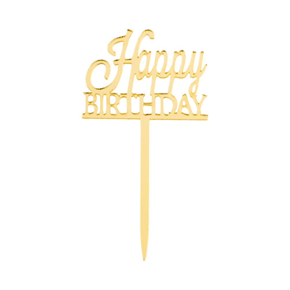 Cake Topper, Happy Birthday, 3 x 1.5 Inch, Acrylic, Gold, Classic, Mirrored,1 - 100 COUNT