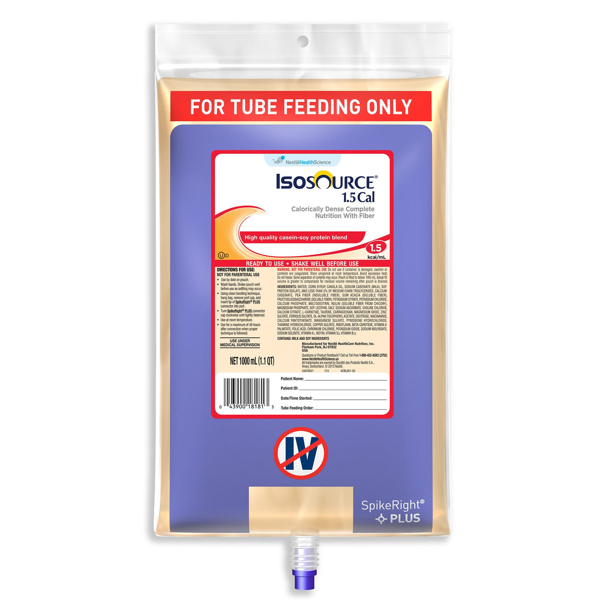 Supplements, Feeding Tube Formula, Isosource 1.5 Cal Calorically Dense, Unflavored, Liquid, Ready to Use,6 - 33.8 FLUID