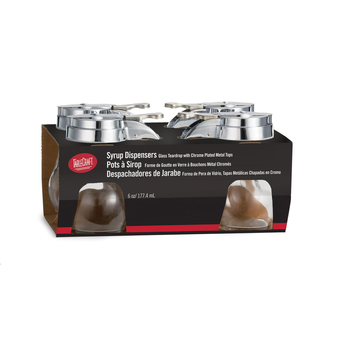 Dispensers, Syrup, 6 Ounce, Clear, Glass, with Stainless Steel Tops, 30727875064449, 6 Ounce,4 - 4 COUNT