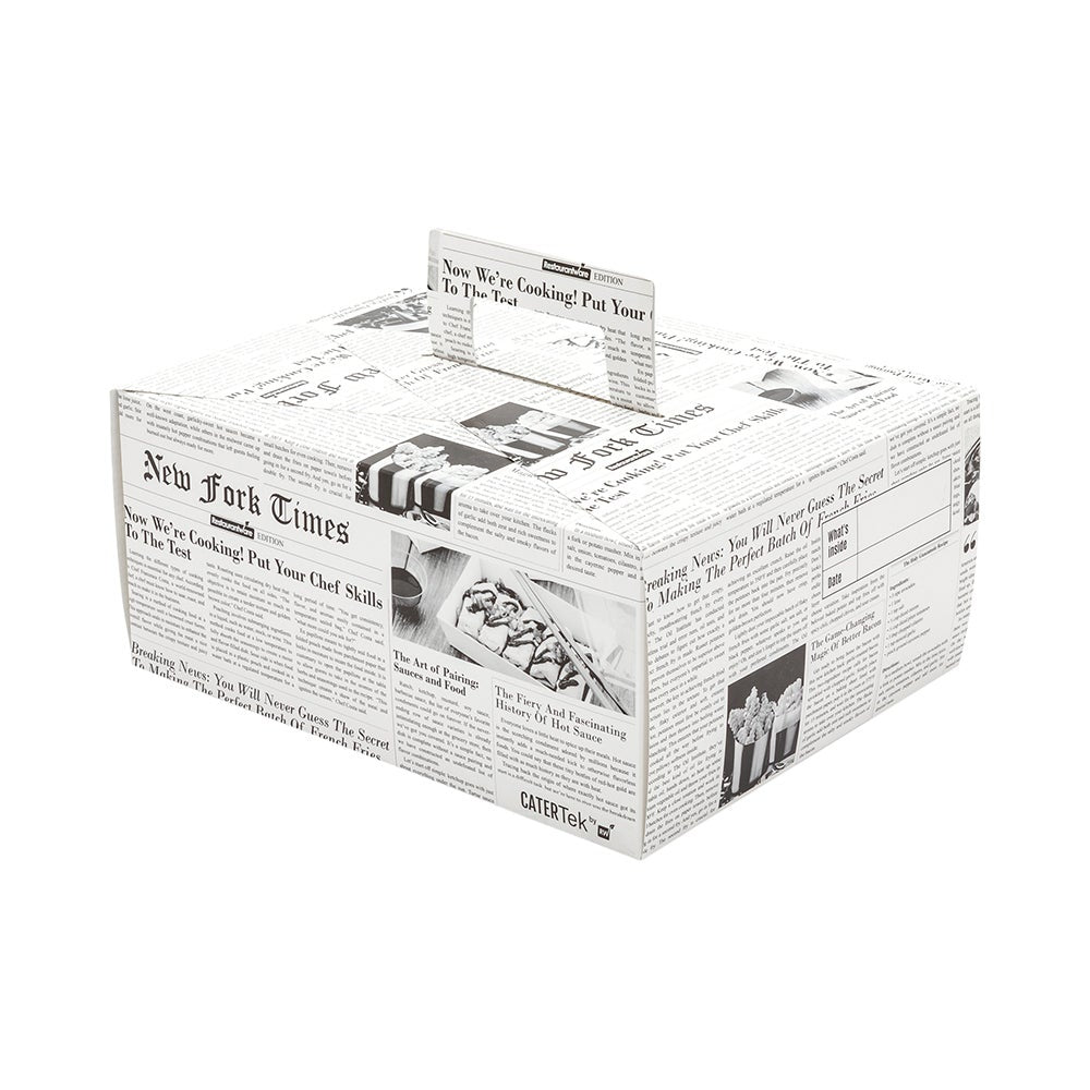 Boxes, Lunch, 9 x 7 x 3 Inch, Paper, Newspaper Print, Rectangular, with Handle,1 - 100 COUNT