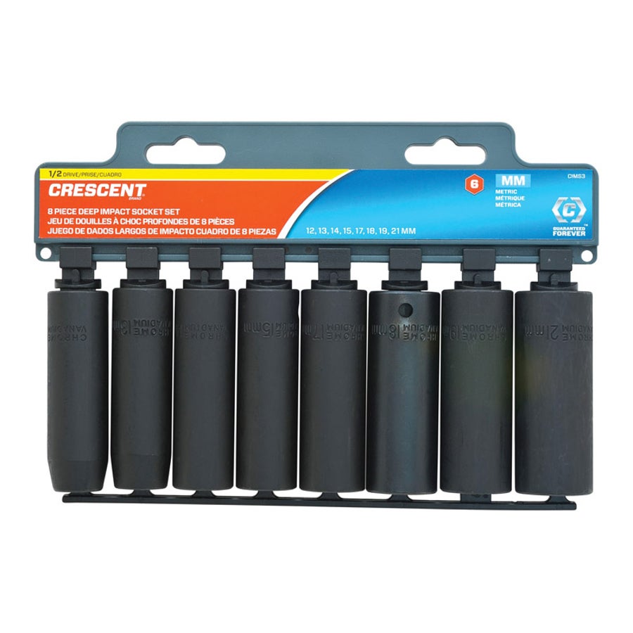 Socket Set, Deep Well Impact, Metric, 1/2 Inch Drive, 6 Point, Chrome-Vanadium Steel, 8 Pieces,1 - 8 PIECE