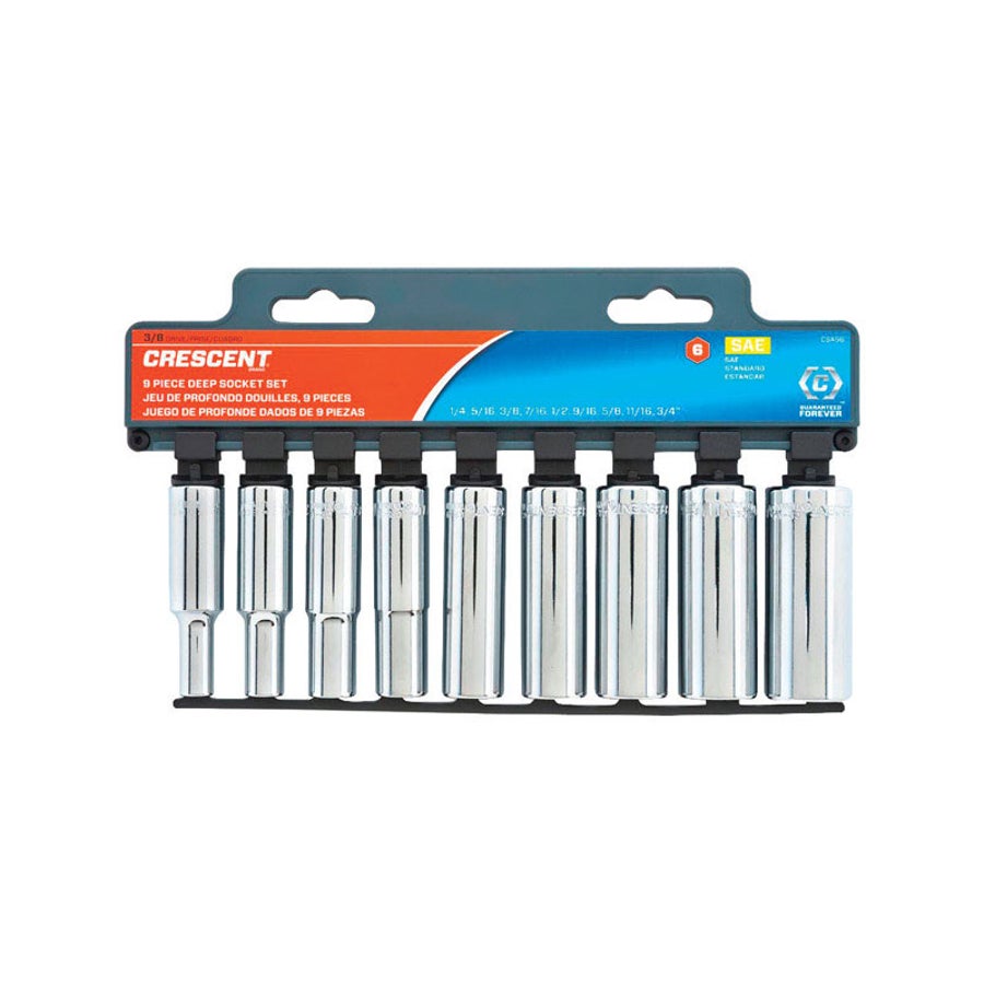 Socket Set, Deep Well, SAE, 3/8 Inch Drive, 6 Point, Steel, 9 Pieces,1 - 9 PIECE
