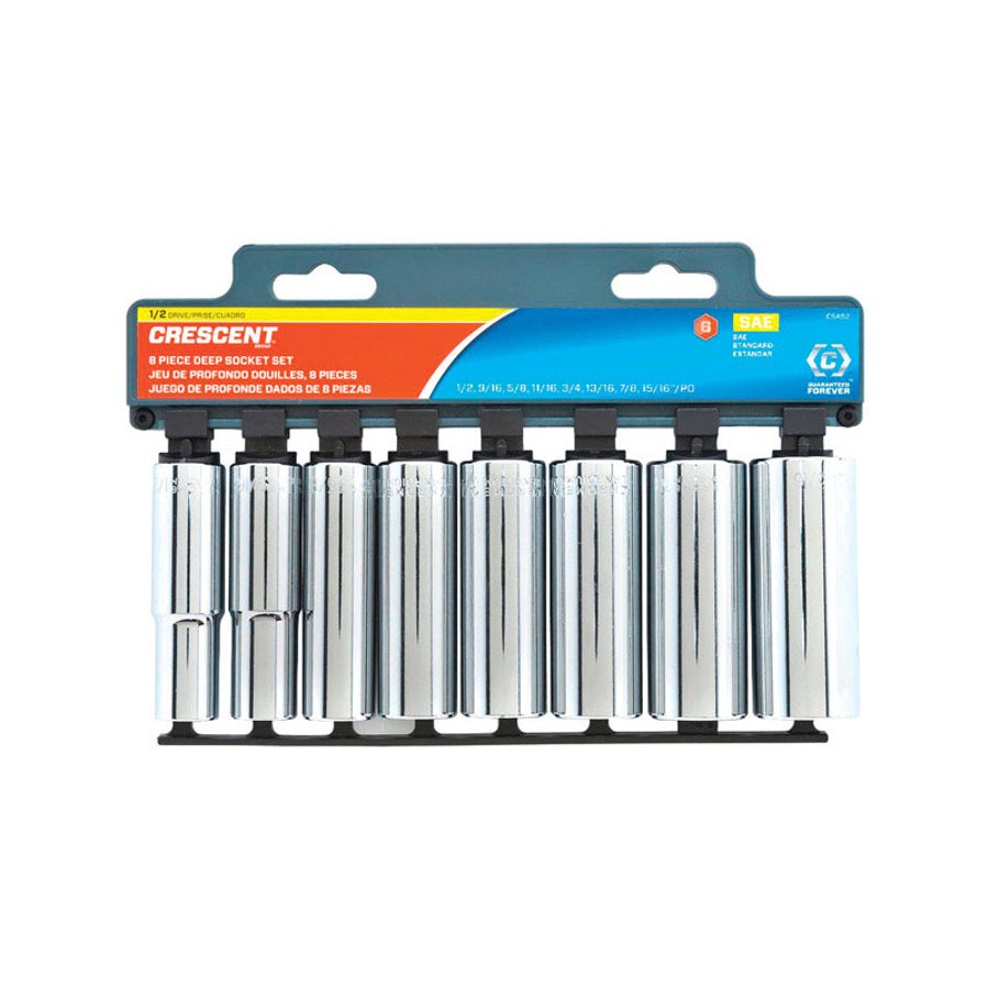 Socket Set, Deep Well, SAE, 1/2 Inch Drive, 6 Point, Chrome-Vanadium Steel, 8 Pieces,1 - 8 PIECE