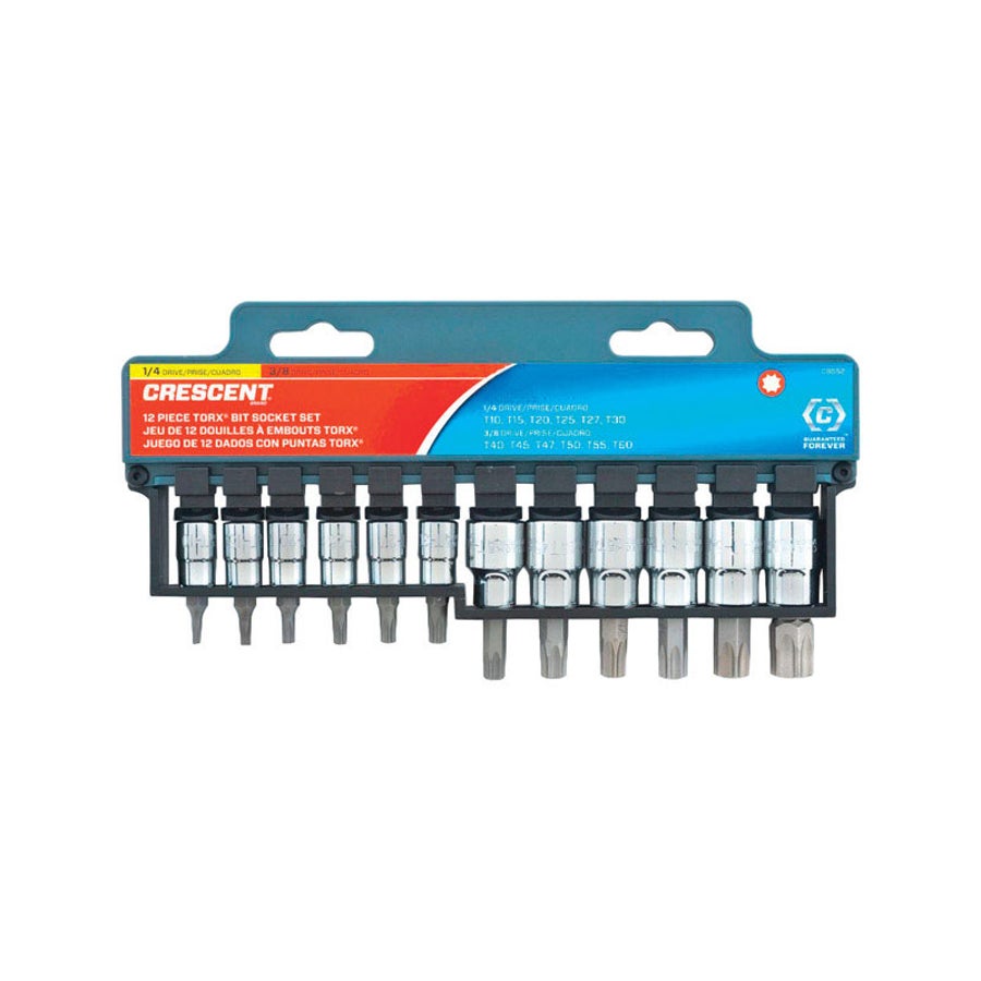 Socket Set, Torx Bit, SAE, 1/4 & 3/8 Inch Drive, 6 Point, Chrome-Vanadium Steel, 12 Pieces,1 - 12 PIECE
