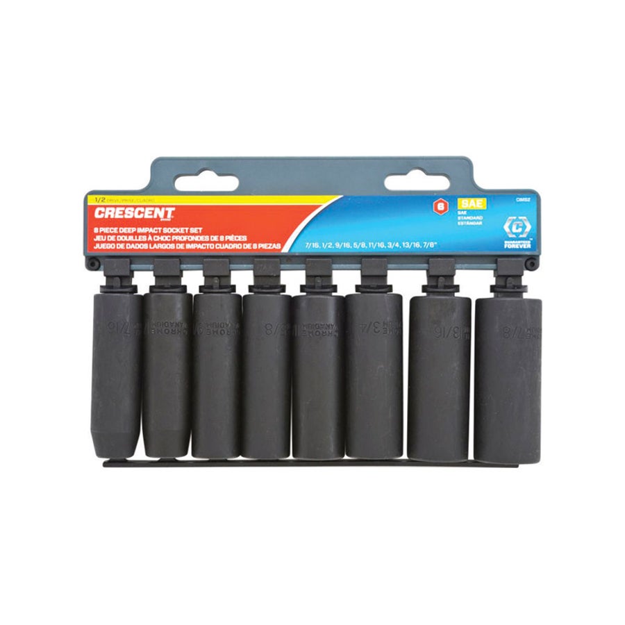 Socket Set, Deep Well Impact, SAE, 1/2 Inch Drive, 6 Point, Steel, 8 Pieces,1 - 8 PIECE