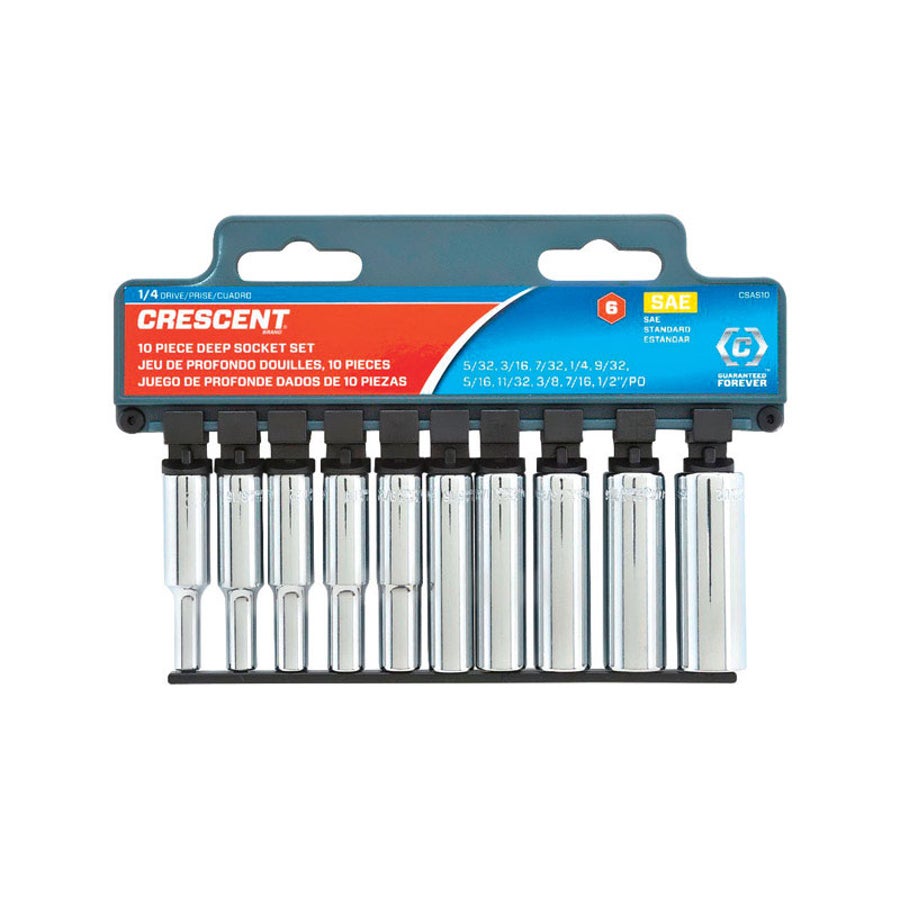 Socket Set, Deep Well, SAE, 1/4 Inch Drive, 6 Point, Chrome-Vanadium Steel, 10 Pieces,1 - 10 PIECE