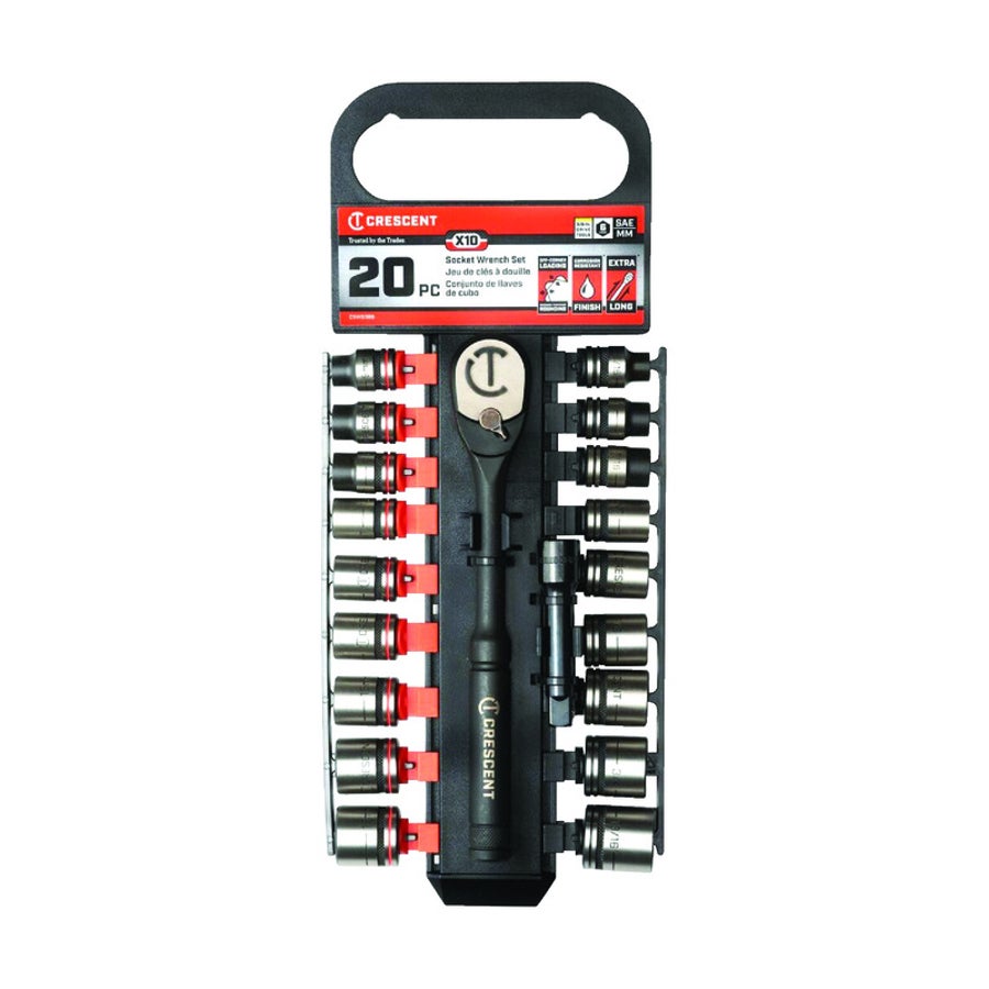 Socket Wrench Set, Metric & SAE, 3/8 Inch Drive, 6 Point, Steel, 20 Pieces,1 - 20 PIECE