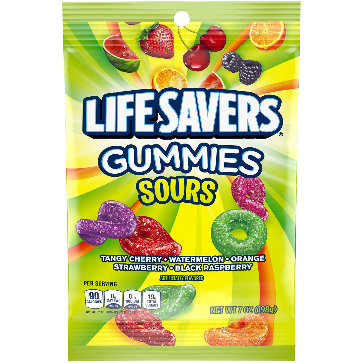 Candy, Gummi, Assorted Sour Flavors, Peg Pack,12 - 7 OUNCE