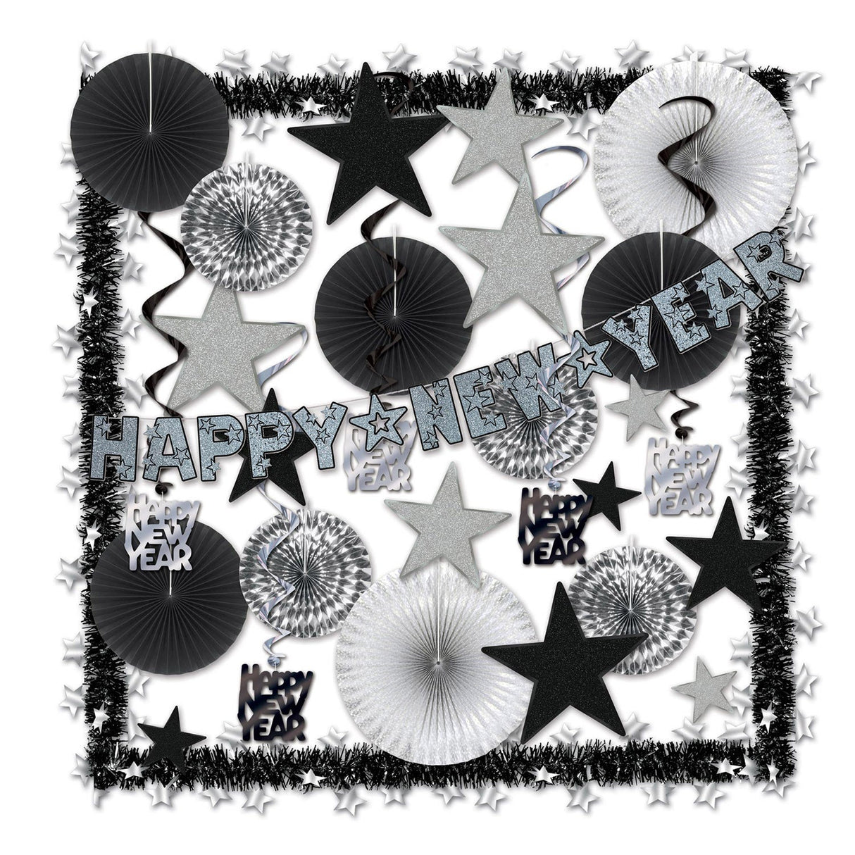 Decorating Kit, Party, New Years, Silver & Black, with Fans/Whirls/Streamers/Stars/Garlands, 32 Pieces,1 - 1 EACH
