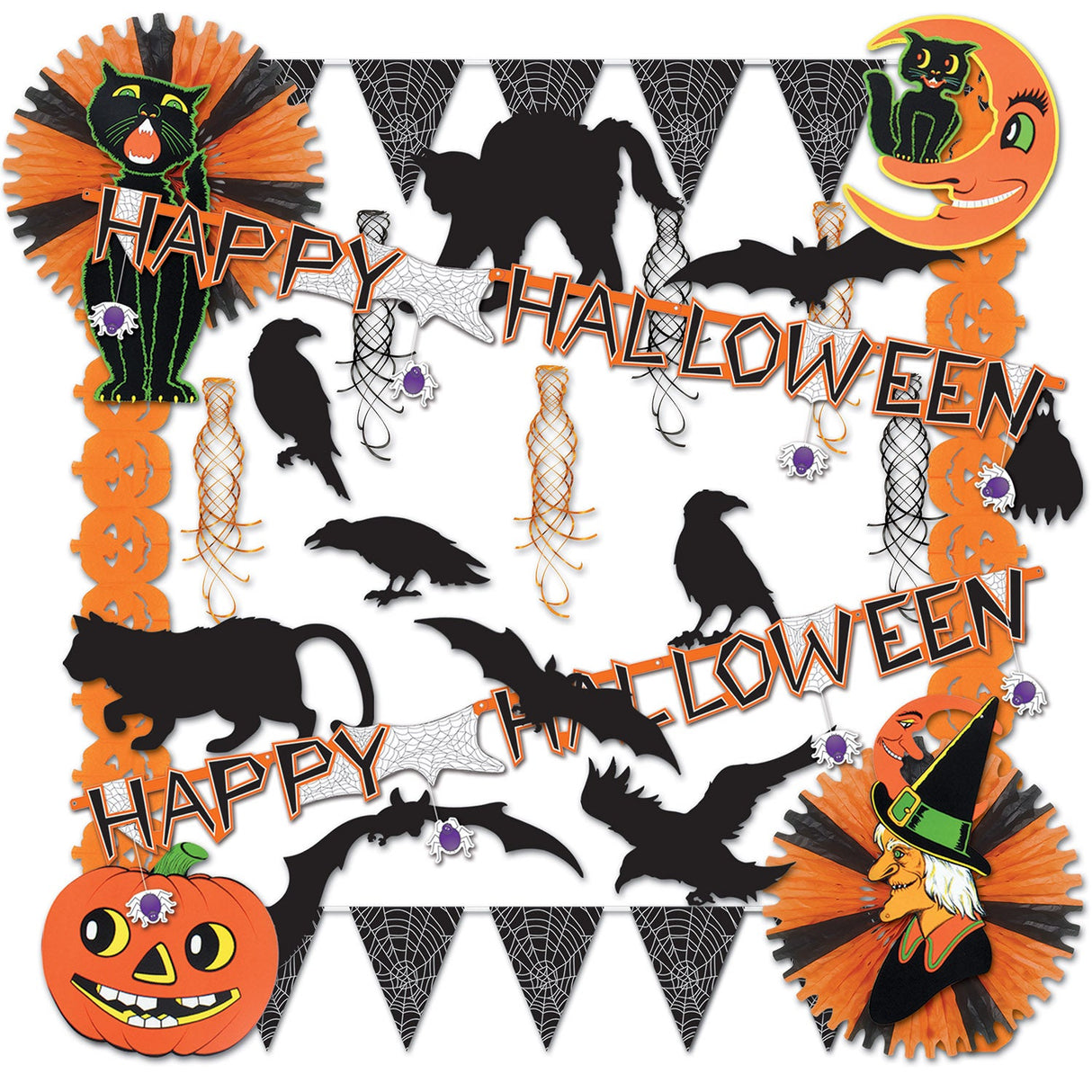 Decorating Kit, Party, Halloween, with Cardboard Cutouts/Garlands/Banners/Fans/Swirls, 28 Pieces,1 - 1 EACH