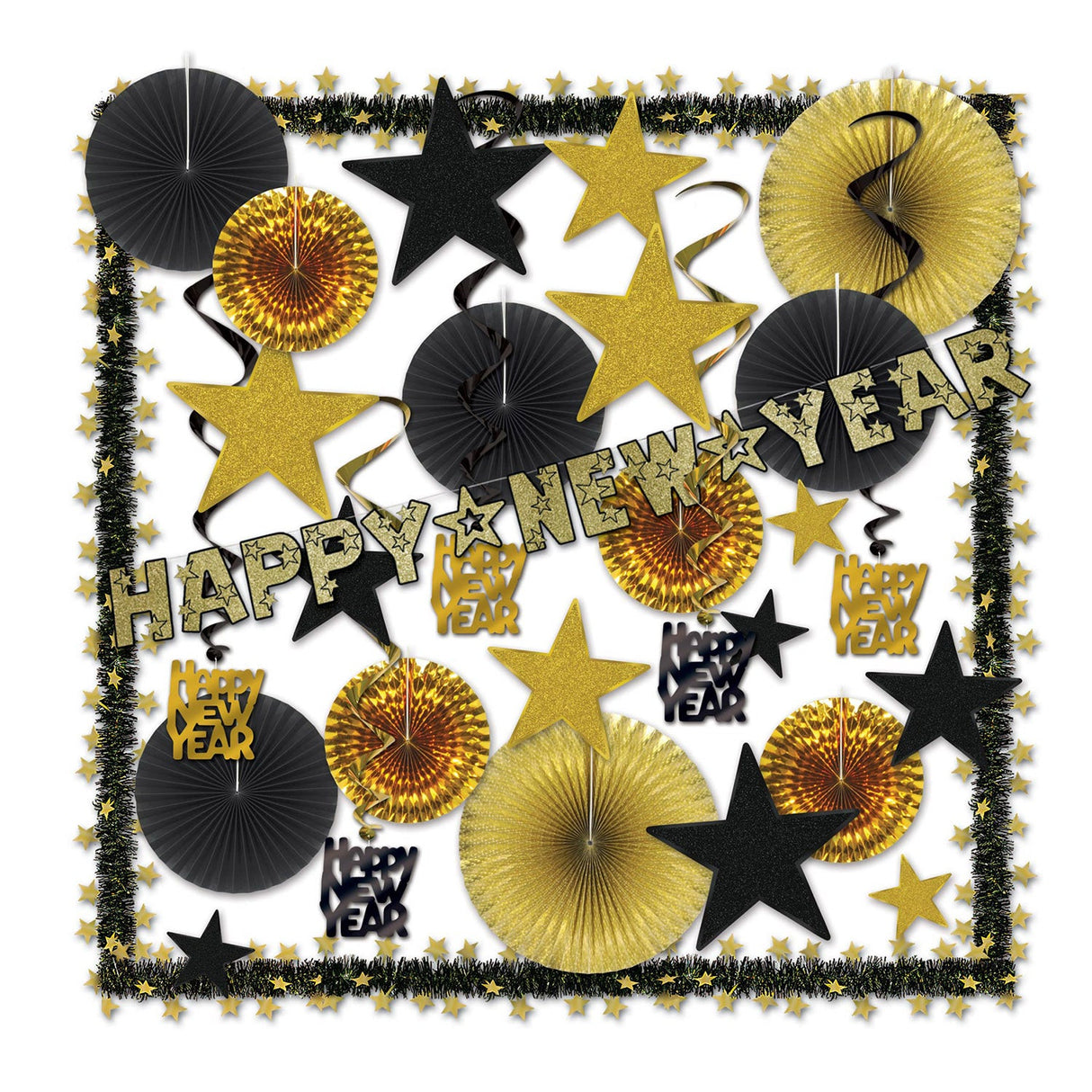 Decorating Kit, Party, New Years, Gold & Black, with Fans/Whirls/Streamers/Stars/Garlands, 32 Pieces,1 - 1 EACH