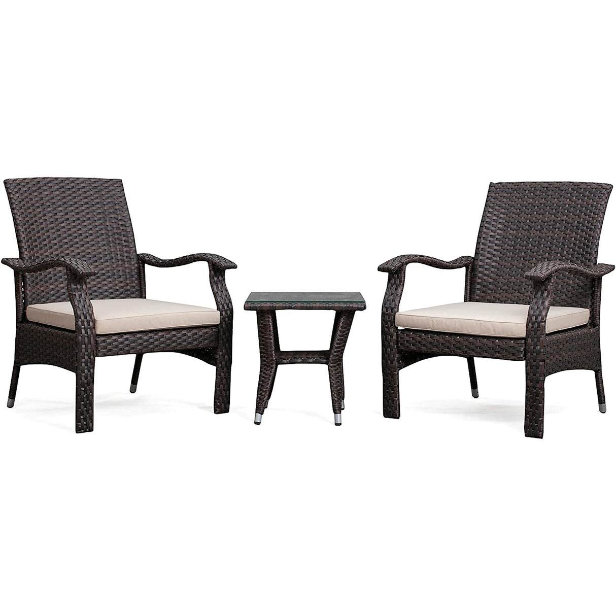 Outdoor Set, Table & Chairs, 3-Piece, Brown Wicker, with Khaki Cushions,1 - 1 EACH