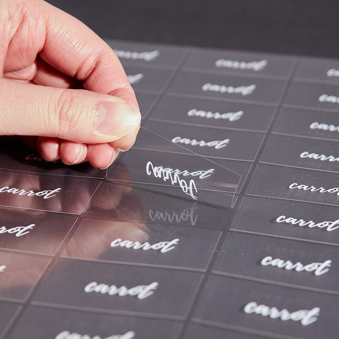 Labels, Carrot, 2 x 1 Inch, Water Resistant, Clear with White Font,1 - 100 COUNT
