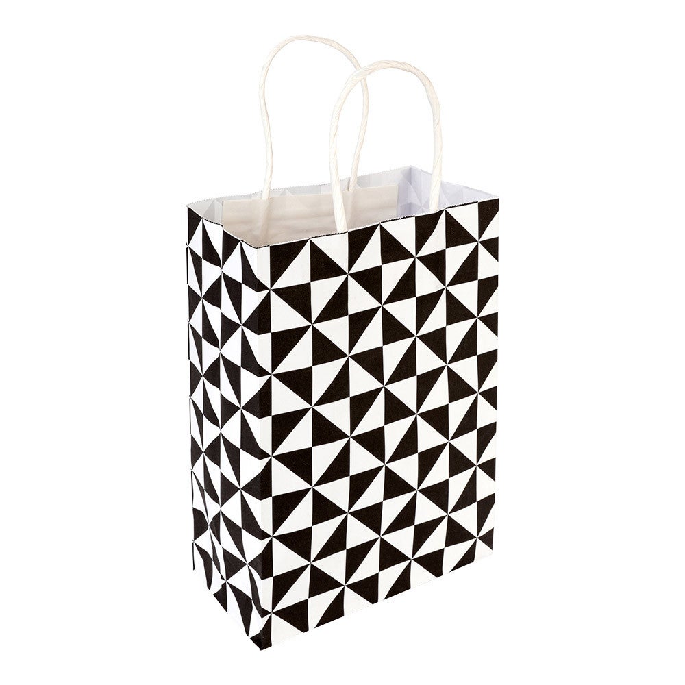 Bags, Shopping, 5.9 x 8.3 Inch, Paper, Black, Geo Print, with Handles,1 - 100 COUNT