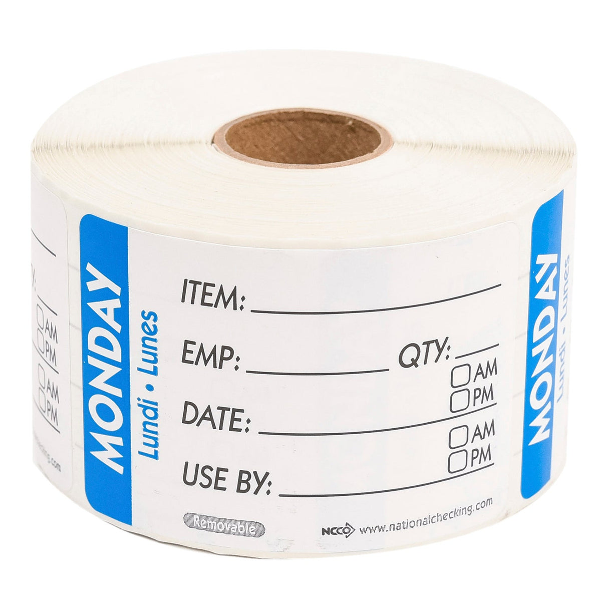 Labels, Monday, 2 x 3 Inch, Removeable, Blue & White, Trilingual, Rectangular,1 - 500 COUNT