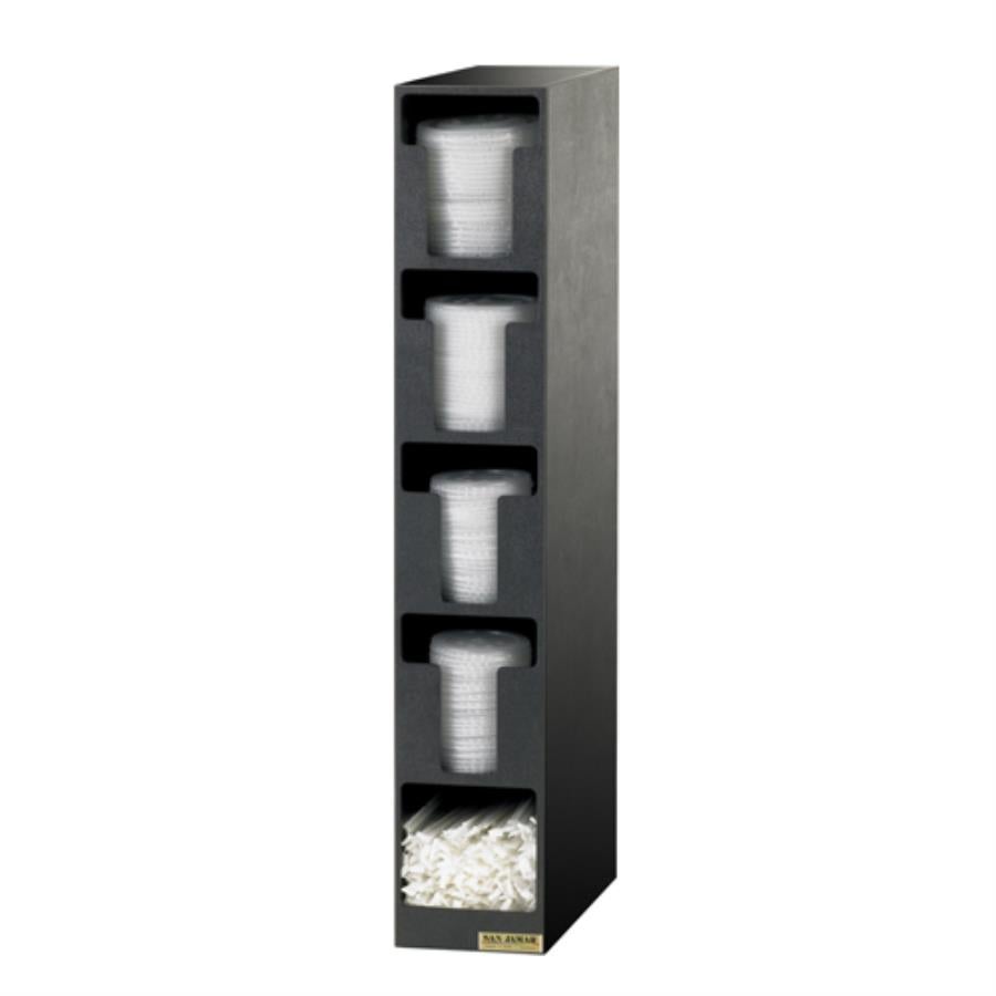 Dispenser, Lid & Straw, 13 x 5.5 x 30 Inch, Vertical Cabinet, Black, Plastic, with 4 Lid & 1 Straw Compartments,1 - 1 EACH