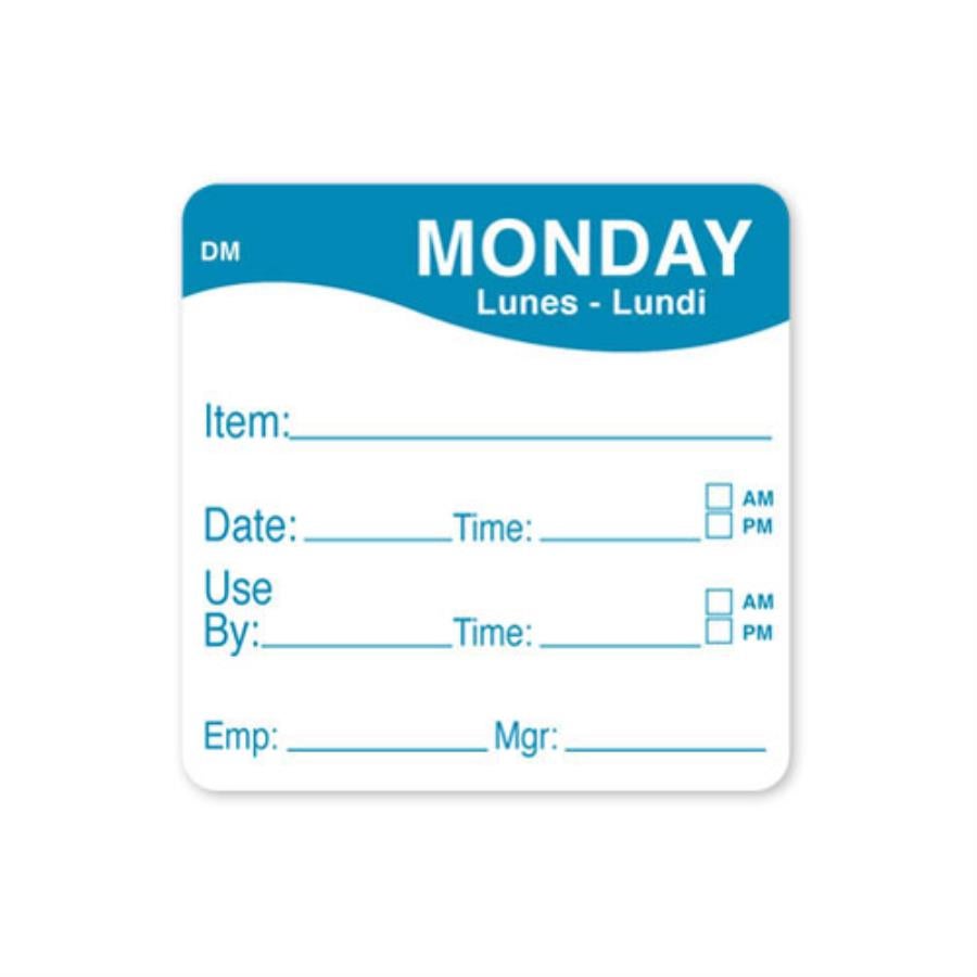 Label, Food Storage, DissolveMark 2 x 2 Inch, White & Blue, Monday,1 - 250 COUNT