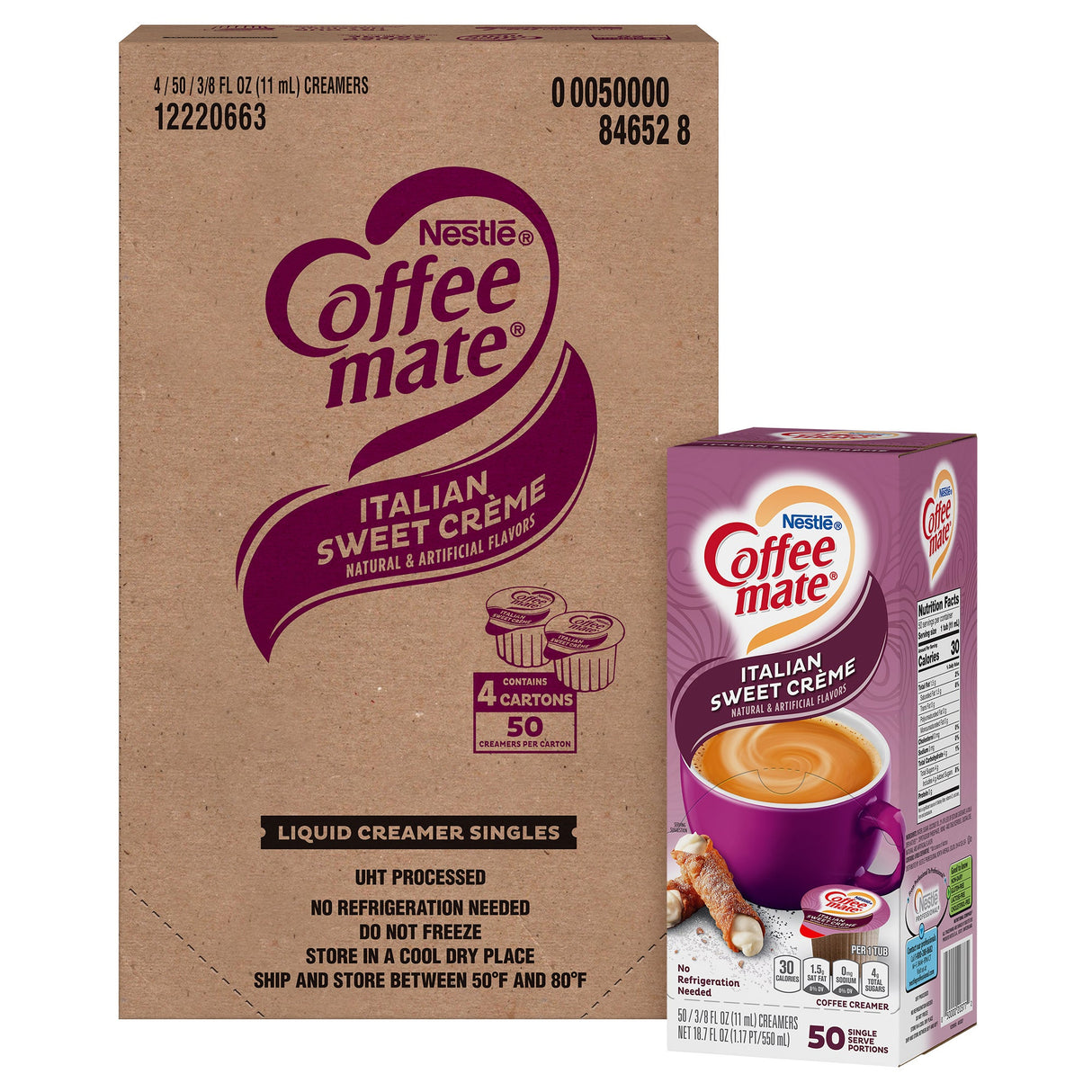 Creamer Cups, Liquid, Italian Sweet Cream, Single-Serve, Shelf-Stable,4 - 50 COUNT