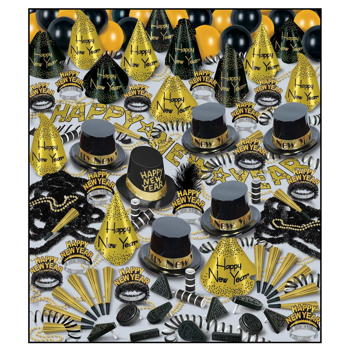 Party Assortment, Black & Gold, Happy New Year, with Banners/Hats/Beads/Noise Makers, for 100,1 - 1 EACH