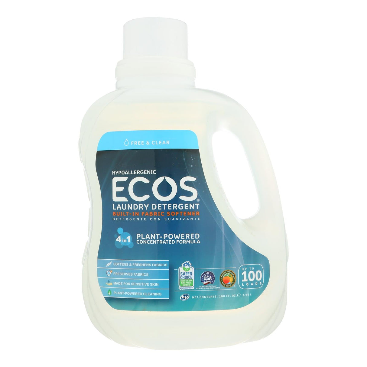 Laundry Detergent, Liquid, Free & Clear, High Efficiency,4 - 100 FLUID