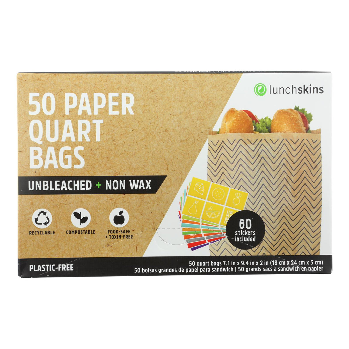 Bags, Quart, 7.1 x 9.4 x 2 Inch, Paper, Brown with Chevron Print,12 - 50 COUNT