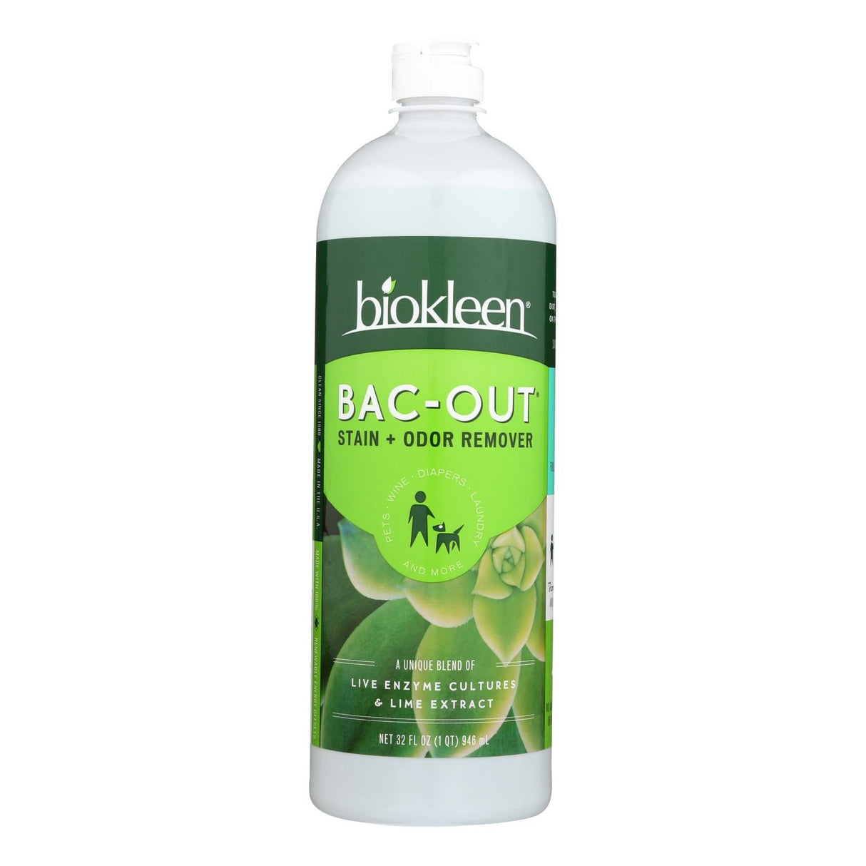 Cleaner, Stain Remover & Deodorizer, Ready-to-Use, Bac-Out, Liquid, with Live Enzyme Cultures & Lime Extract,6 - 32 FLUID