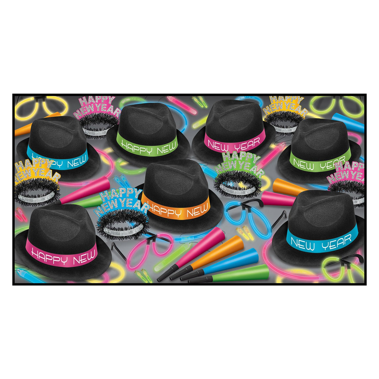 Party Assortment, Neon, Happy New Year, with Hats/Horns/Glow Bands, for 50,1 - 1 EACH