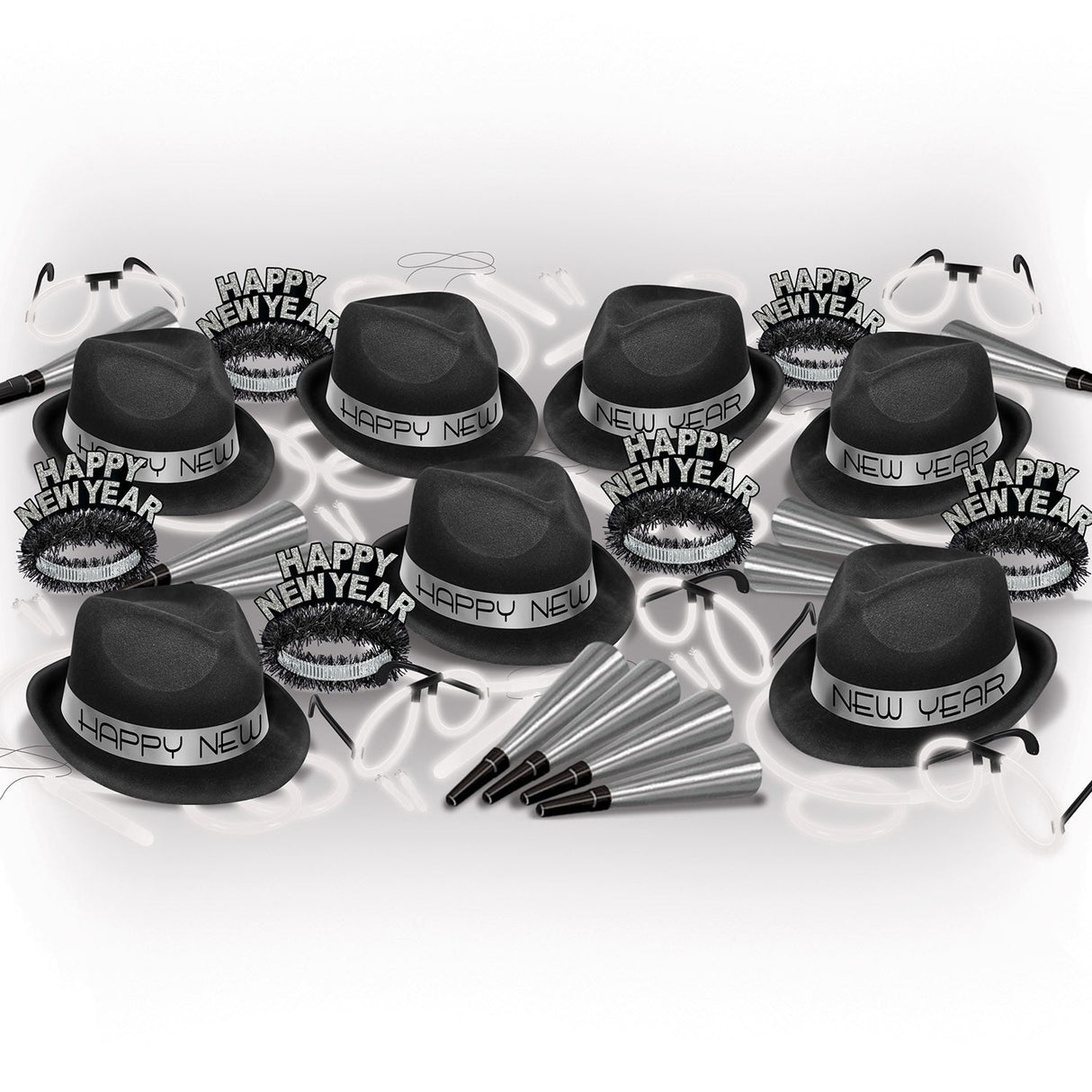 Party Assortment, Black & Silver, Happy New Year, with Hats/Horns/Glow Bands, for 50,1 - 1 EACH