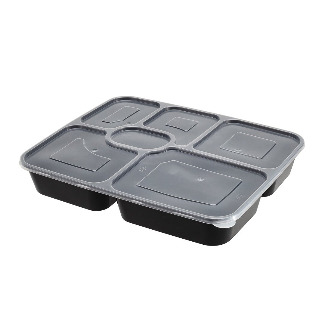 Containers, 6-Compartment, 34 Ounce, Microwavable Plastic, Black, Rectangular, 9.75 x 8.25 x 1.75 Inch, with Clear Lid,1 - 100 COUNT