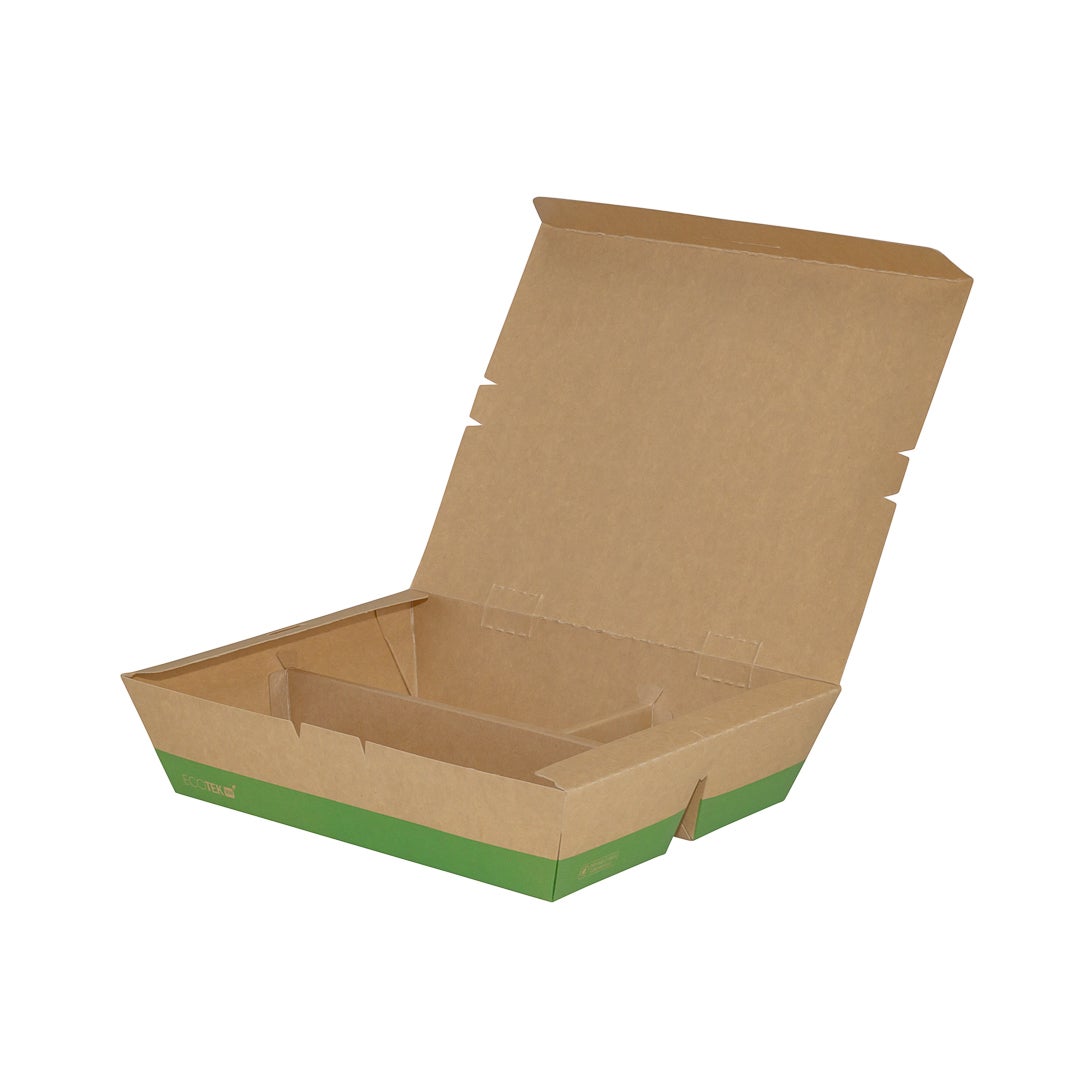 Containers, 3-Compartment, 51 Ounce, Paper, Kraft & Green, Rectangular, 9.5 x 7.5 x 2 Inch,1 - 100 COUNT
