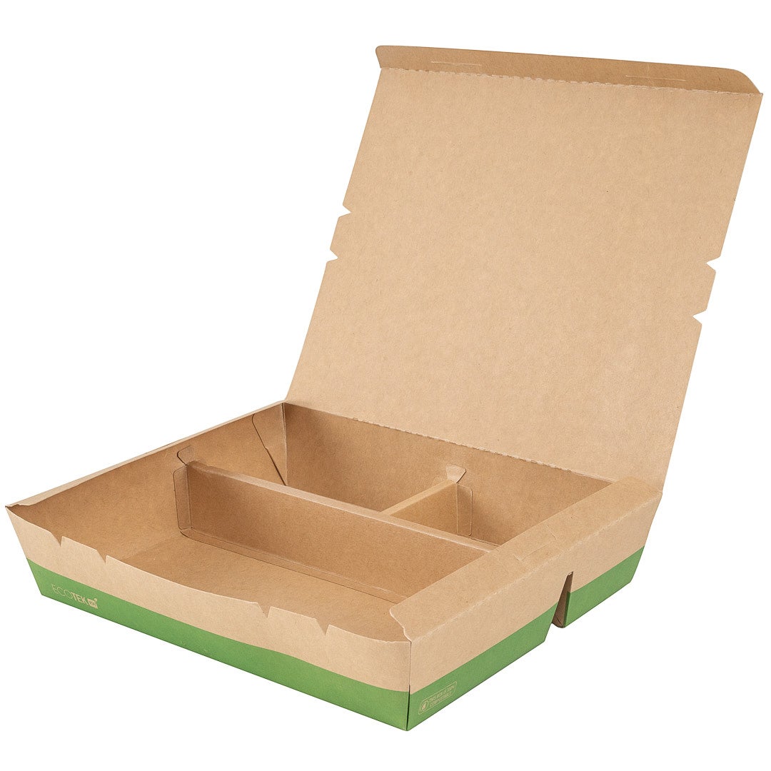 Containers, 3-Compartment, 78 Ounce, Paper, Kraft & Green, Rectangular, 11 x 9  x 2 Inch,1 - 100 COUNT
