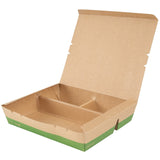 Containers, 3-Compartment, 78 Ounce, Paper, Kraft & Green, Rectangular, 11 x 9  x 2 Inch,1 - 100 COUNT