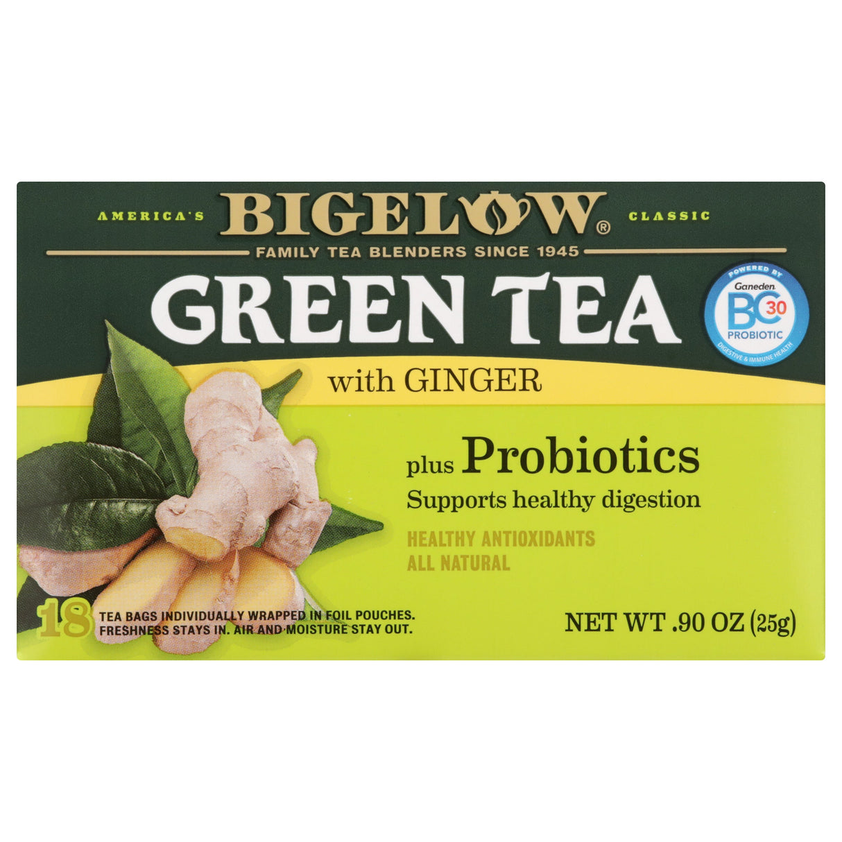 Tea, Green, Ginger, with Probiotics, Individually Wrapped with String,6 - 18 COUNT